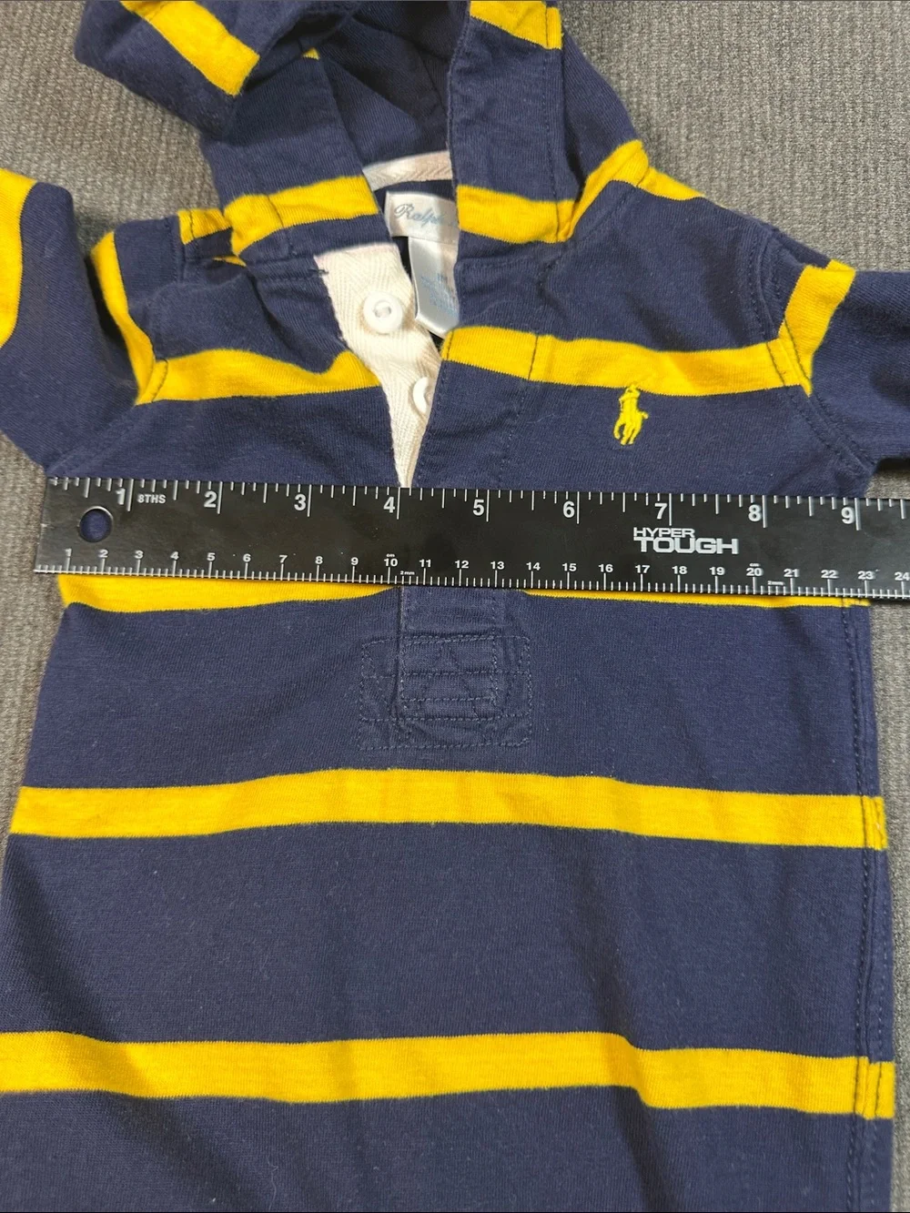 Ralph Lauren Baby Romper One-Piece Hooded Rugby Navy Yellow Stripe Size 3 Months